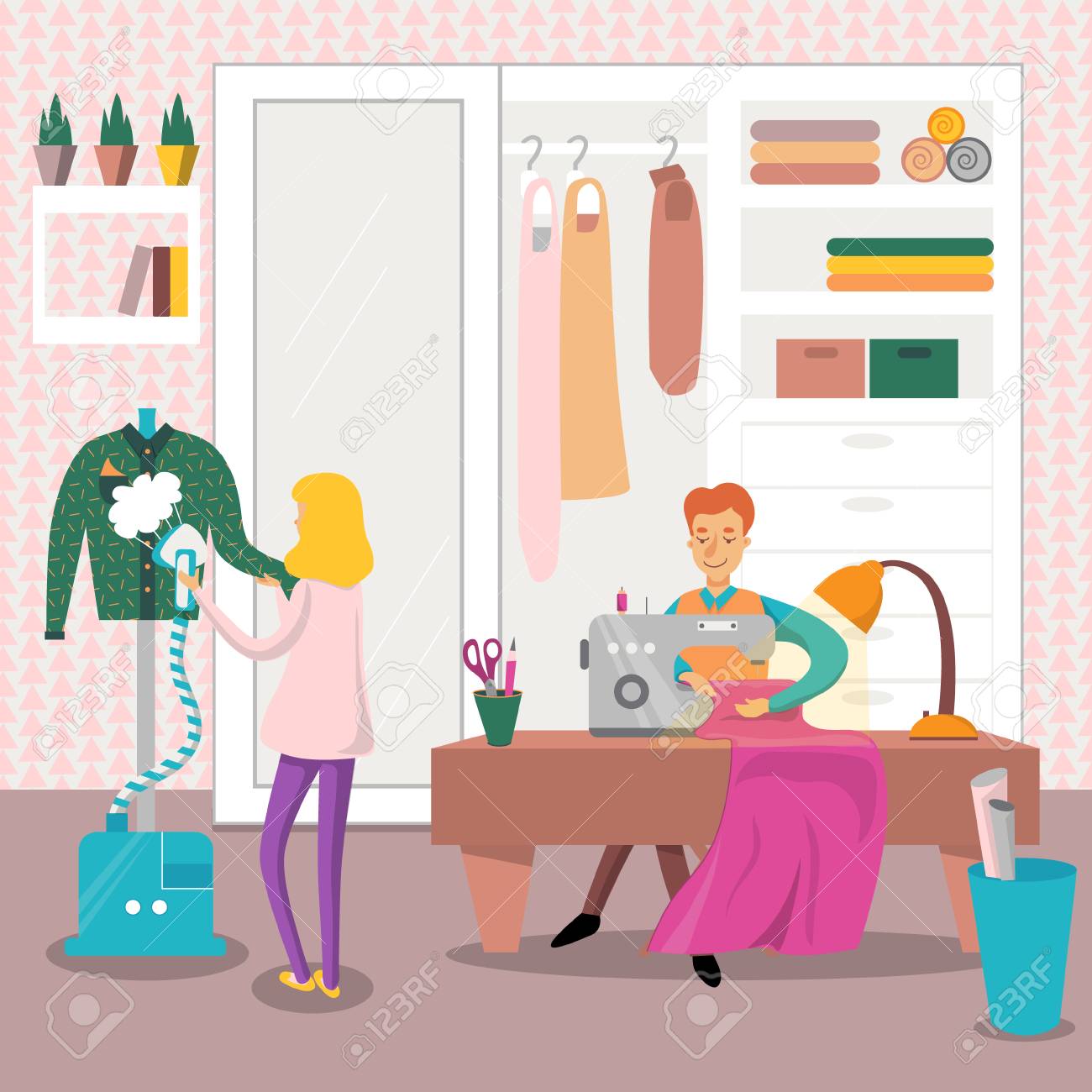 ミシンによる男性のドレスメーカー縫製服 蒸気鉄ベクトルイラスト付き女性アイロン服 ポスターやバナーのデザイン要素 のイラスト素材 ベクタ Image