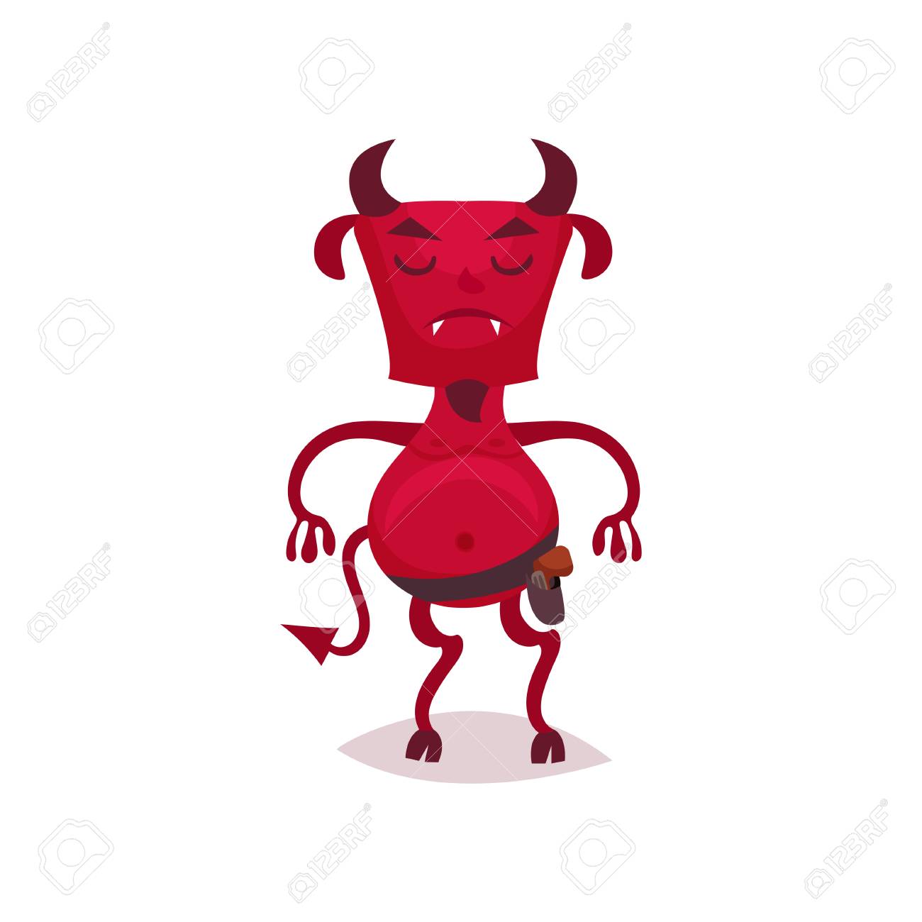 角と尻尾が目を閉じて立つおかしな悪魔 白い背景に赤い悪魔漫画キャラクターベクトルイラスト のイラスト素材 ベクタ Image