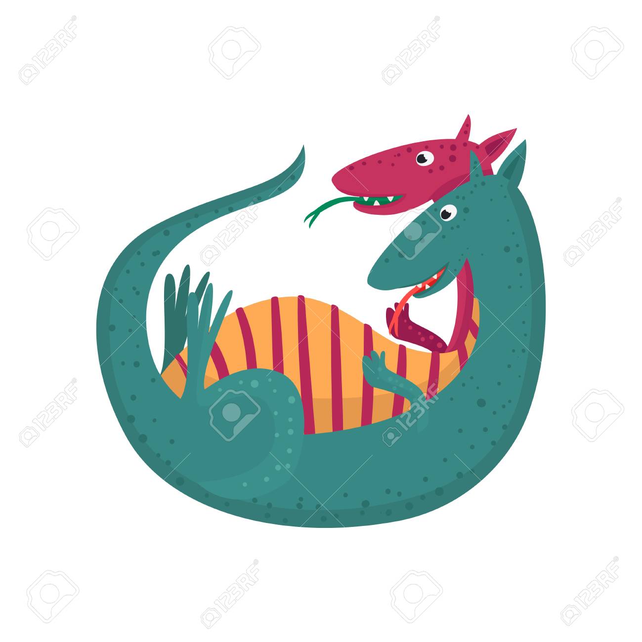 かわいい漫画ダブルヘッドドラゴンキャラクター 神話の動物 白い背景にファンタジー爬虫類ベクトルイラスト のイラスト素材 ベクタ Image