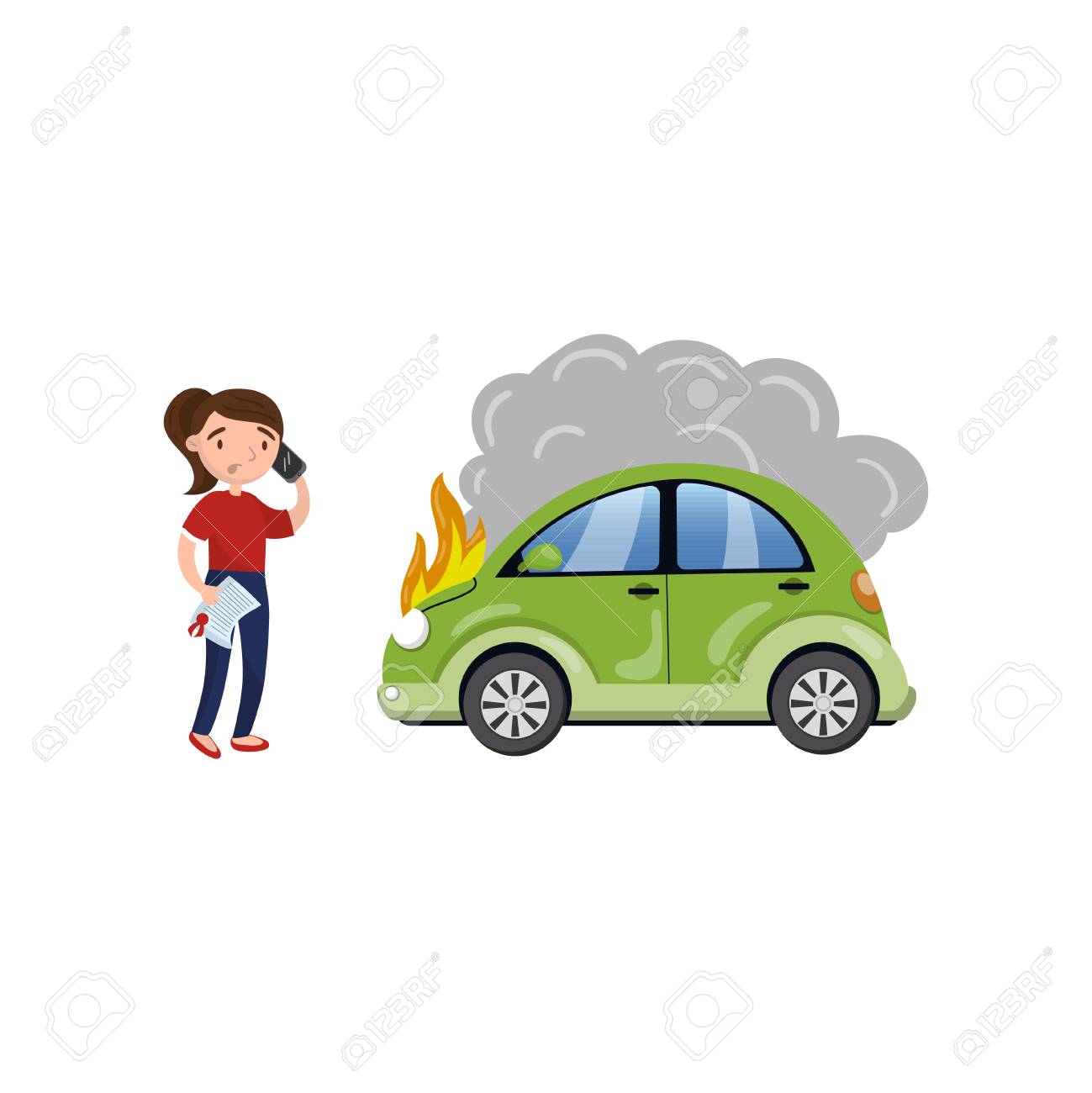 自動車事故 燃える車 車の漫画ベクトルの白い背景に助けを求める女性ドライバー のイラスト素材 ベクタ Image