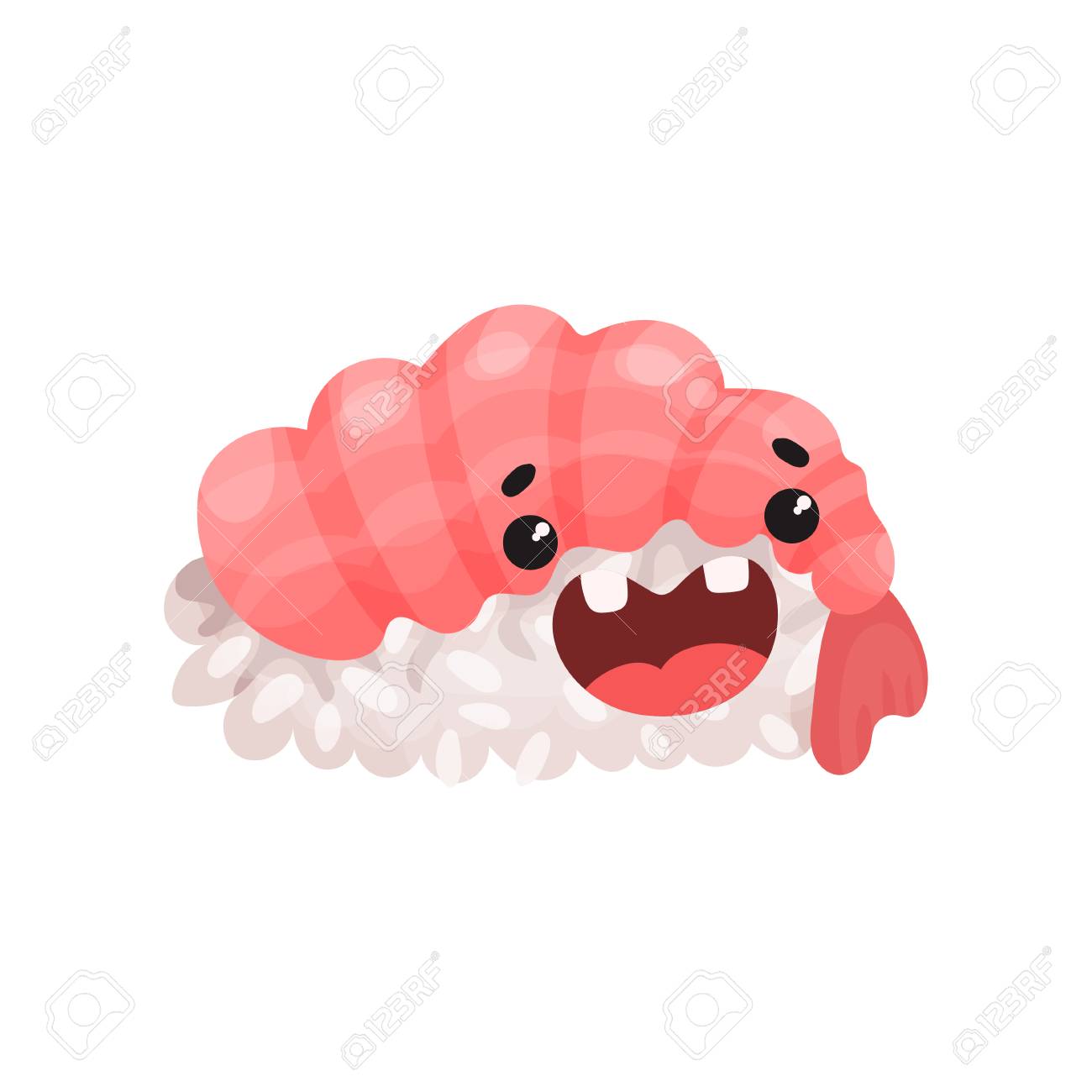 面白い顔をしたかわいい幸せなエビ寿司キャラクター 面白い顔漫画ベクトルイラストで日本食 のイラスト素材 ベクタ Image