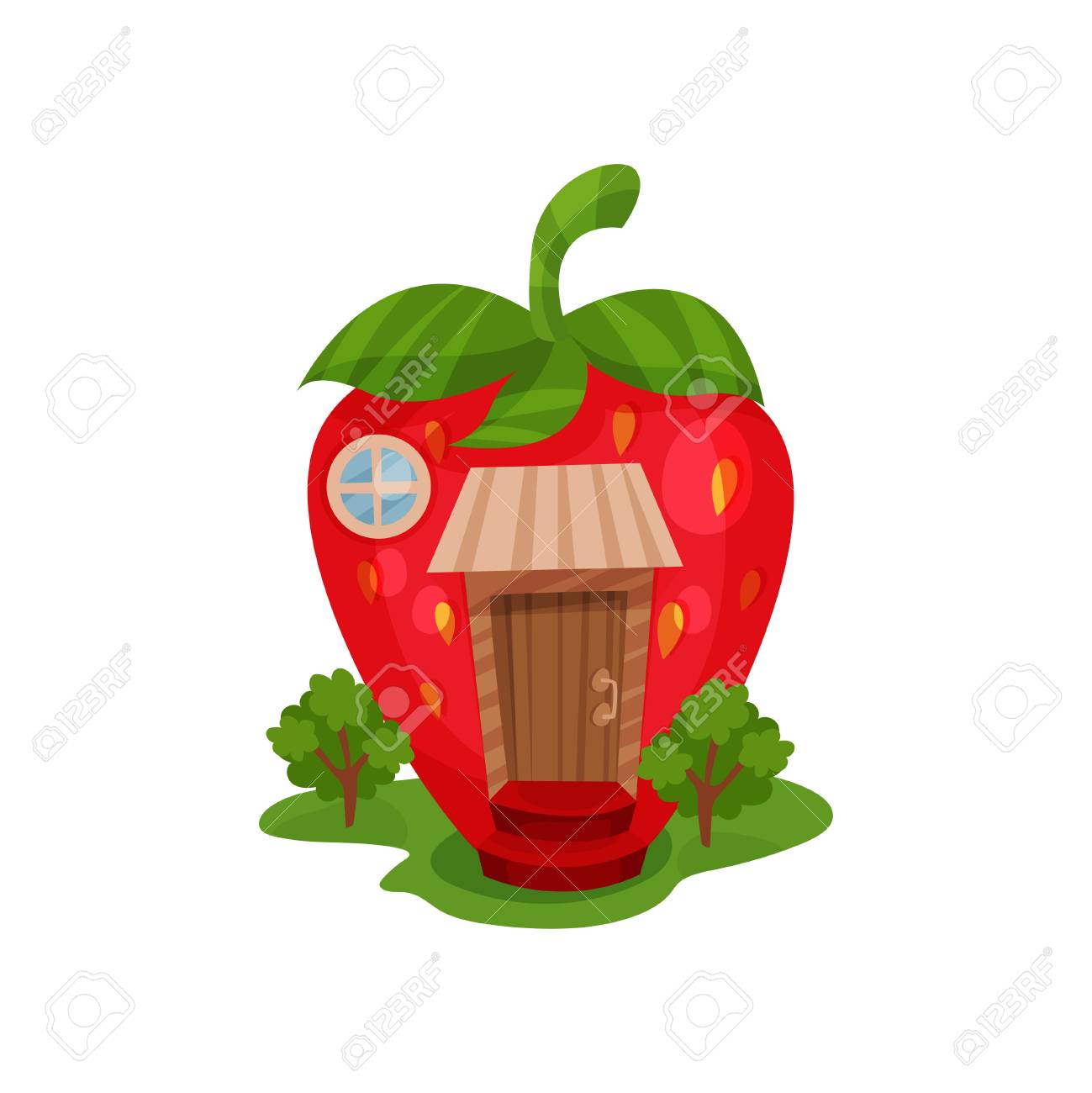 草の上に赤い熟したイチゴと緑の木の形で妖精の家 木製のドアと丸い窓を備えたミニチュアホーム ファンタジーの世界 フラットベクトル設計のイラスト素材 ベクタ Image