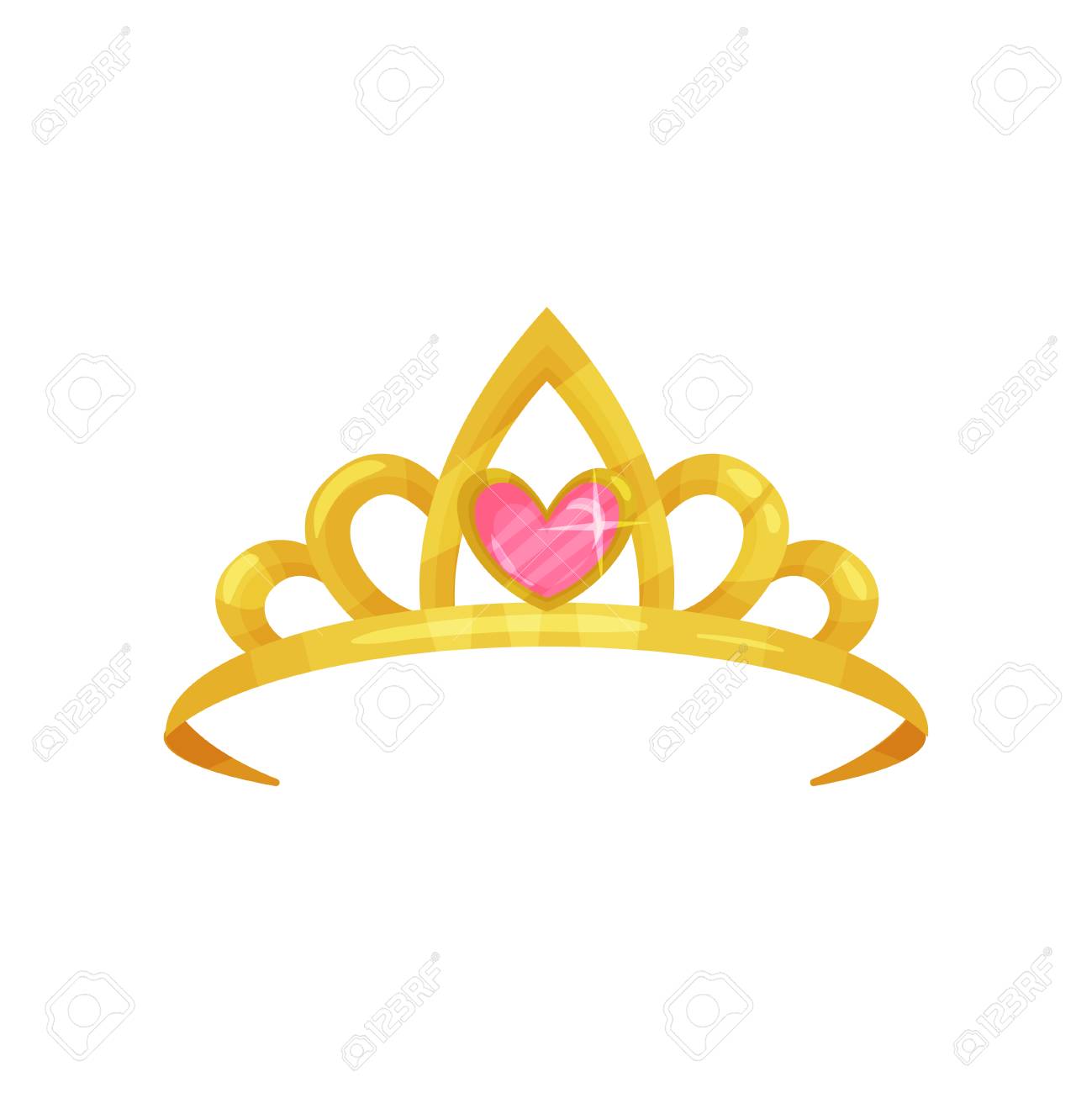 心の形の貴重なピンクの石と光沢のある王女の王冠の漫画のアイコン 黄金の古代の女王ティアラ 王室の尊厳の象徴 カラフルなフラットベクターデザイン の イラスト素材 ベクタ Image