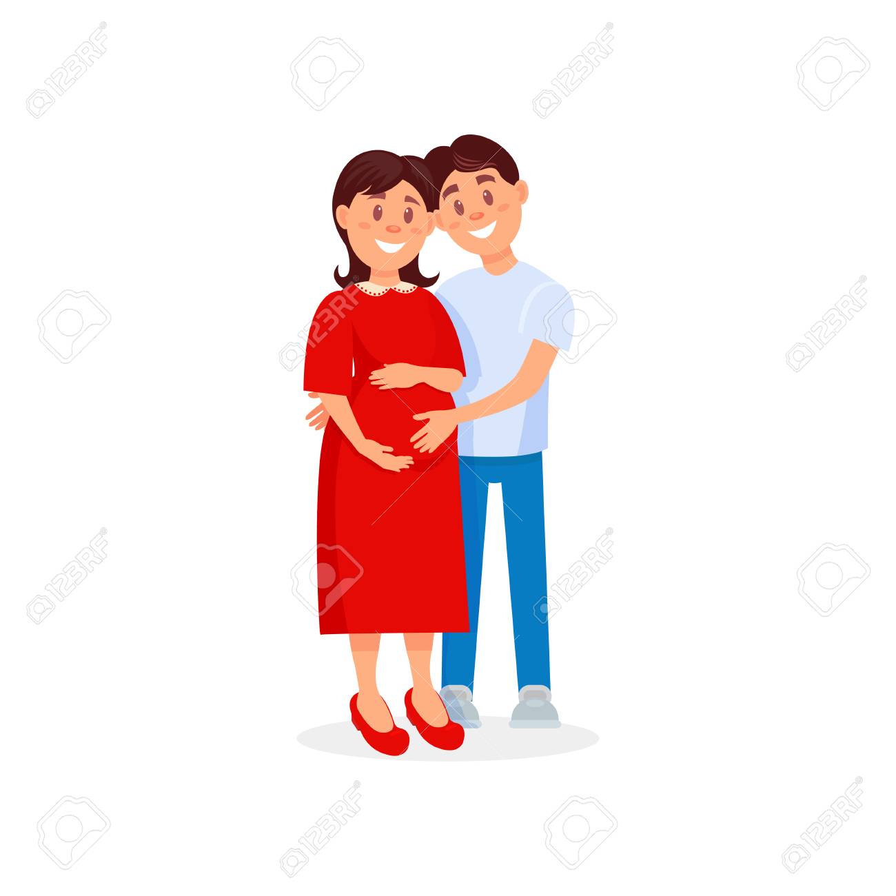 Feliz Esposo Abrazando A Su Esposa Embarazada Familia Pareja Esperando Bebe Nacido Joven Mujer Y Hombre En Ropa Casual Personaje De Dibujos Animados Personas Ilustraciones Vectoriales Clip Art Vectorizado Libre De Derechos