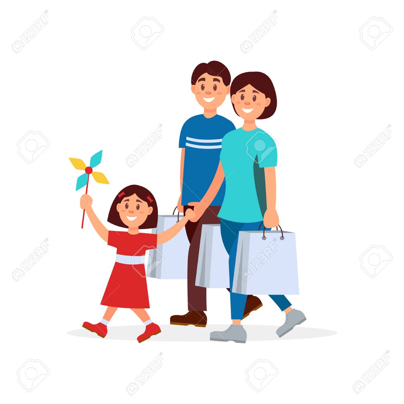 Ilustracion De Dibujos Animados De Familia Feliz Madre Padre Y Su Hija Caminando Despues De Ir De Compras Nina Con Juguete De Molino De Viento Concepto De Paternidad Diseno Vectorial Plana Ilustraciones