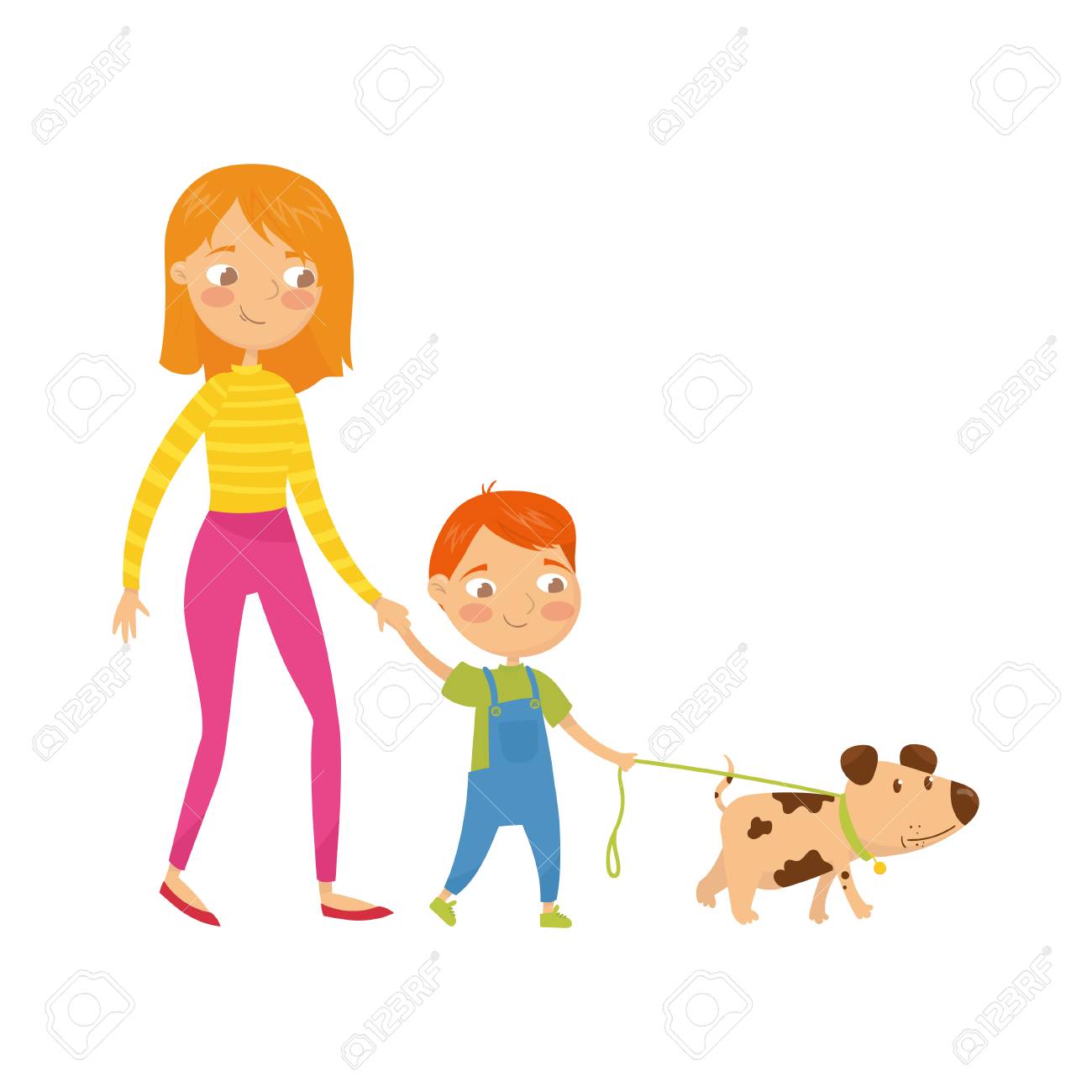 Young Mother Walking With Her Cute Son And Little Puppy Cartoon Character Of Woman Boy And Dog Daily Routine Family Time Happy Childhood Flat Vector Illustration Isolated On White Background Royalty Free