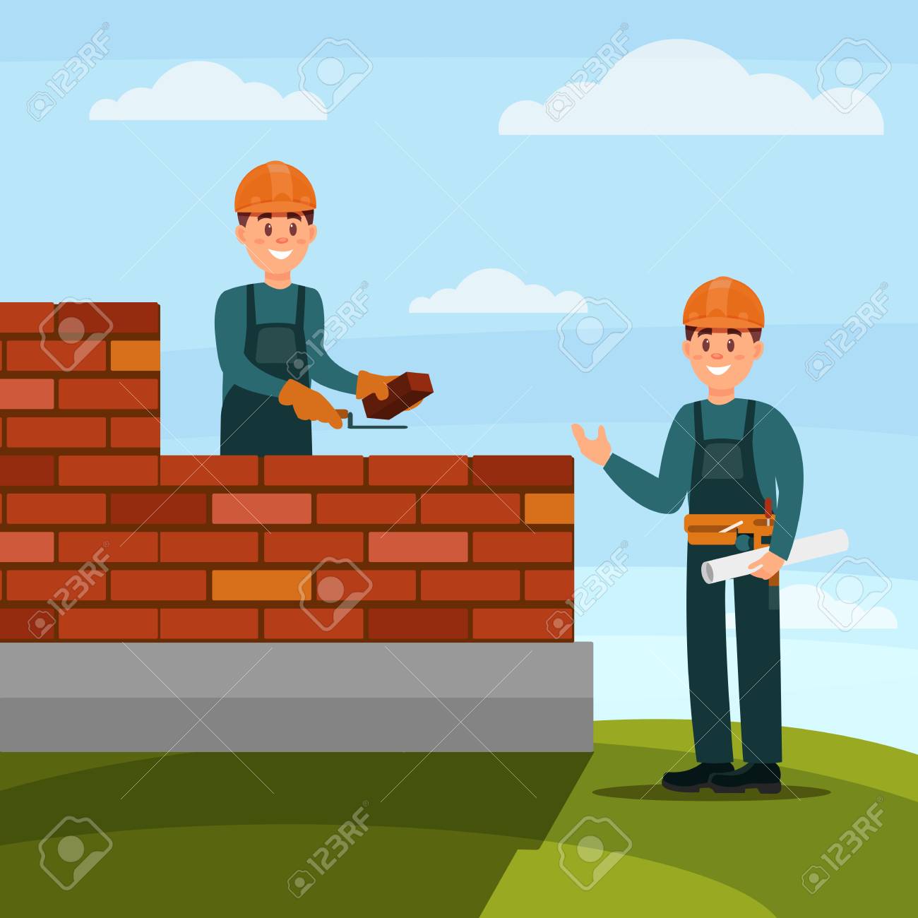 Construction worker bricklayer making a brickwork with trowel and cement mortar, foreman supervising his work on nature background flat vector illustration, web design - 97590137 Construction worker bricklayer making a brickwork with trowel and cement mortar, foreman supervising his work on nature background flat vector illustration, web design - 97590137