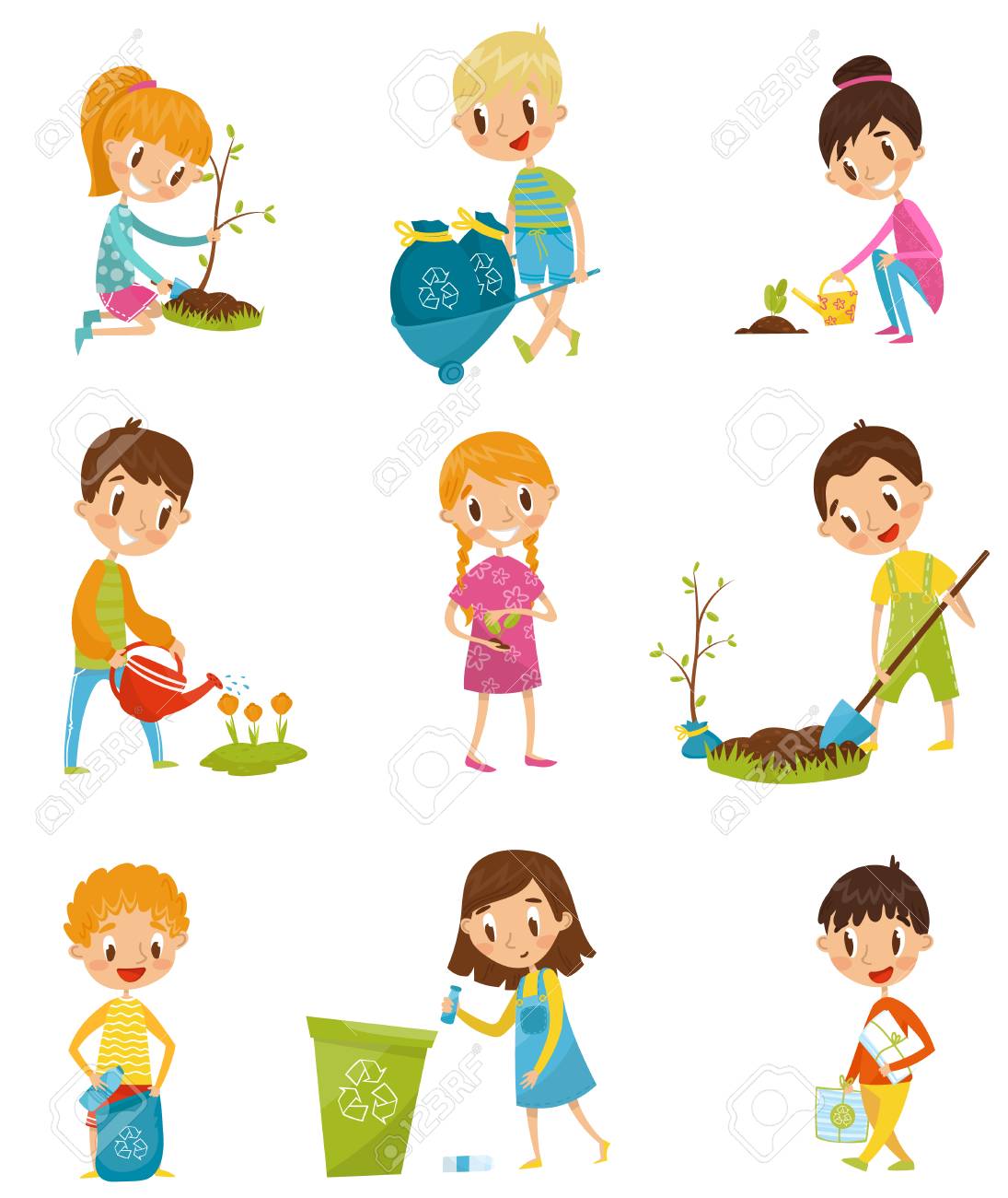 Cute Kids Gardening And Picking Up Garbage Set, Boys And Girls Planted And  Watering Young Trees Vector Illustrations On A White Background Royalty  Free SVG, Cliparts, Vectors, and Stock Illustration. Image 98125466., image size:1095x1300