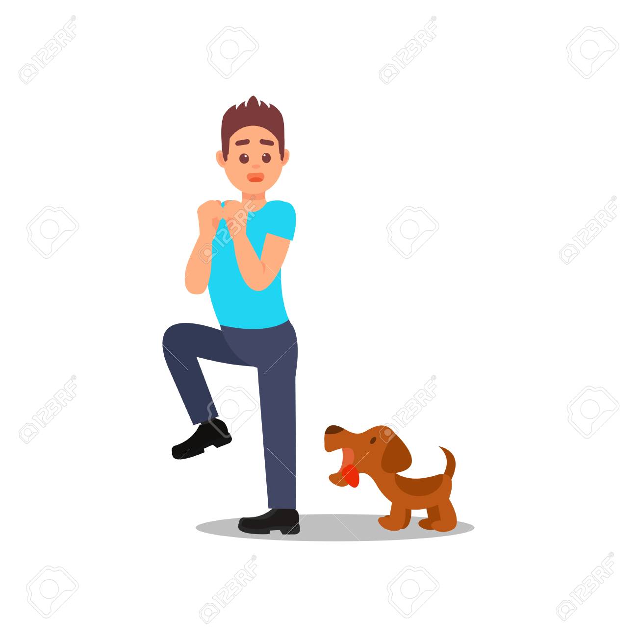 Small Angry Dog Barking At Man Young Guy In Stress Situation Male Character With Scared Face Expression Flat Vector Design Royalty Free Cliparts Vectors And Stock Illustration Image 103776785