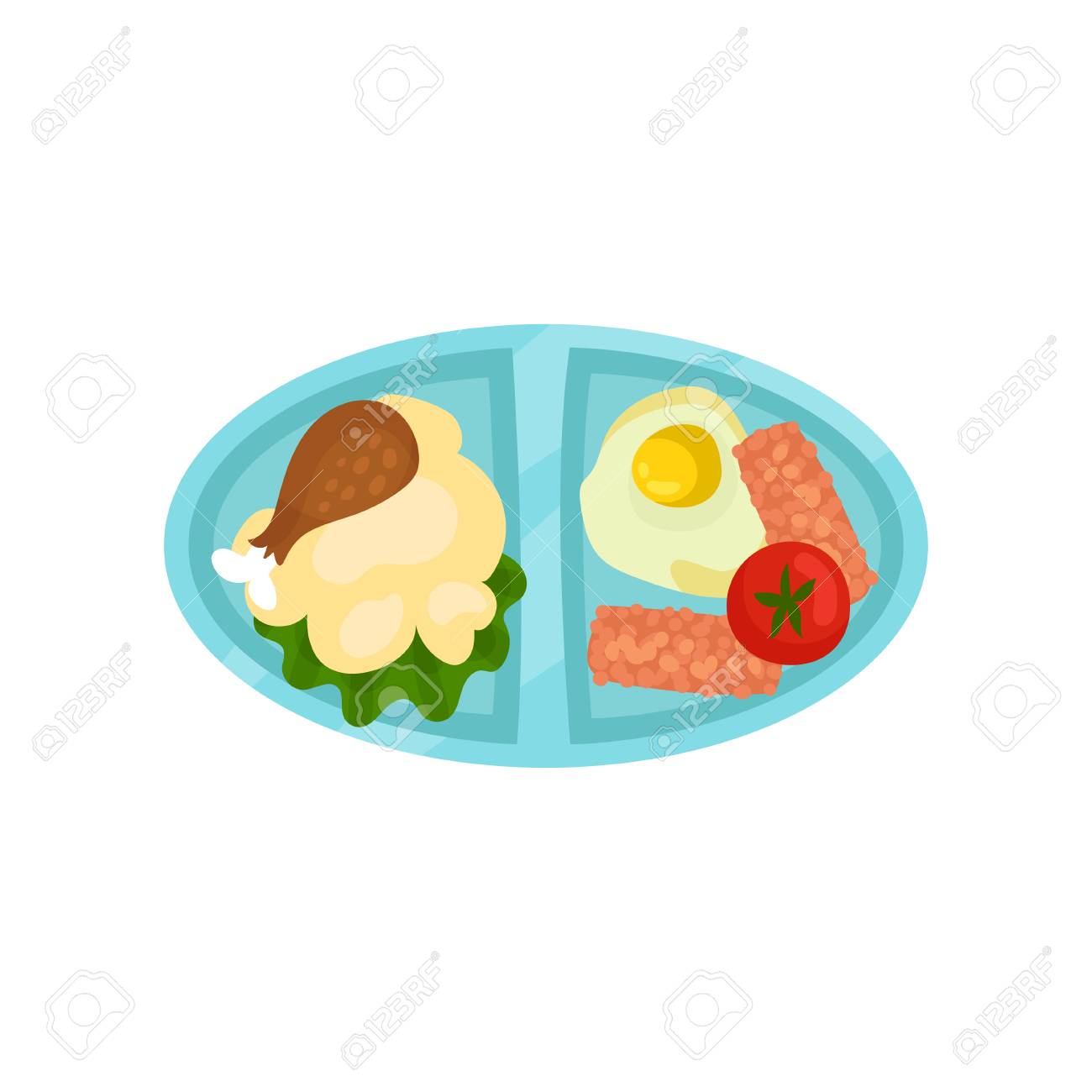 Oval Tray With Tasty Food Blue Plastic Lunch Box With Mashed