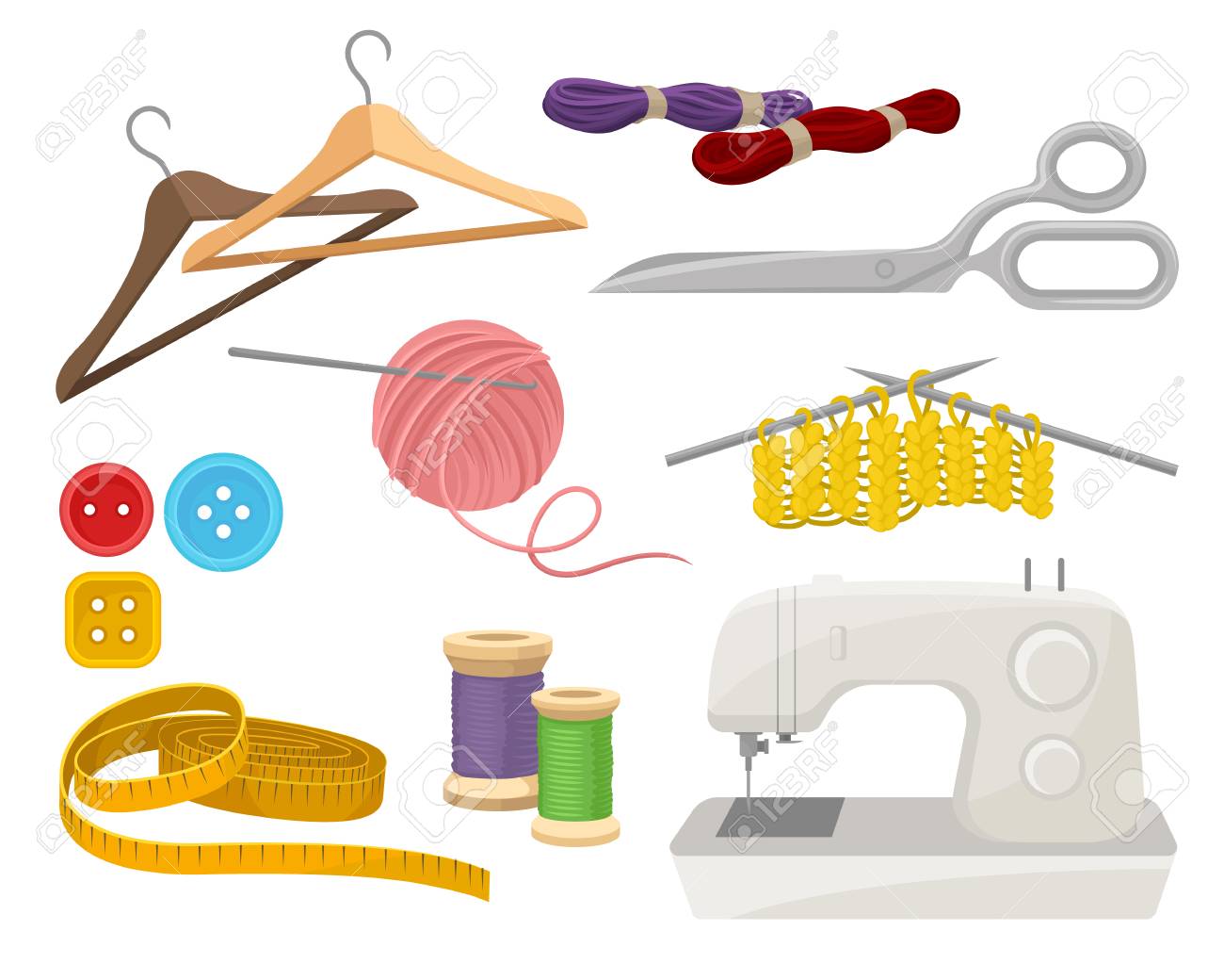 Collection of objects related to sewing and knitting theme. Dressmaking instruments and materials. Electric sewing machine. Colorful vector illustrations in flat style isolated on white background. - 126147517 Collection of objects related to sewing and knitting theme. Dressmaking instruments and materials. Electric sewing machine. Colorful vector illustrations in flat style isolated on white background. - 126147517