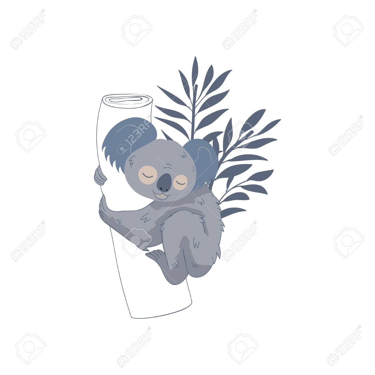 Cute Sleeping Koala Hugging Trunk Of Eucalyptus Tree Branches