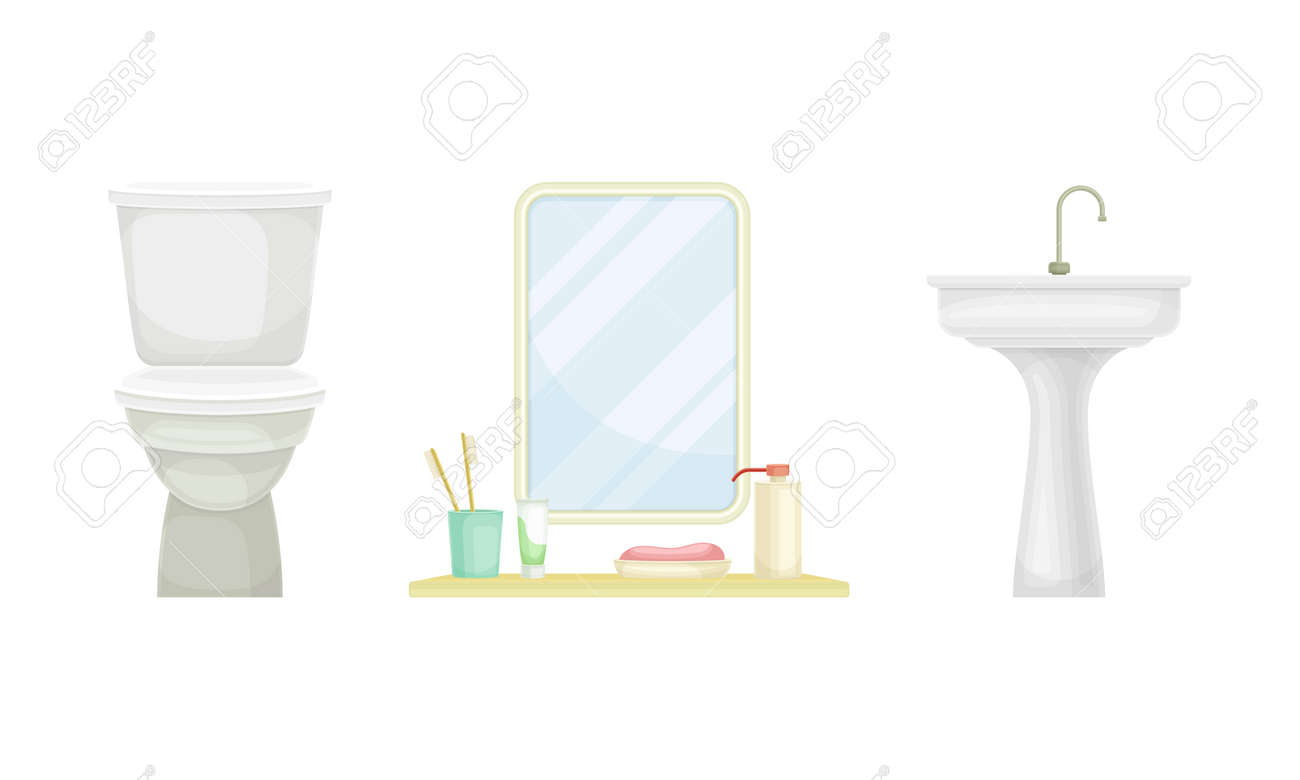 Bathroom Interior Elements Set. Toilet Bowl, Sink And Mirror Cartoon Vector  Illustration Royalty Free SVG, Cliparts, Vectors, and Stock Illustration.  Image 183012241., image size:1300x780