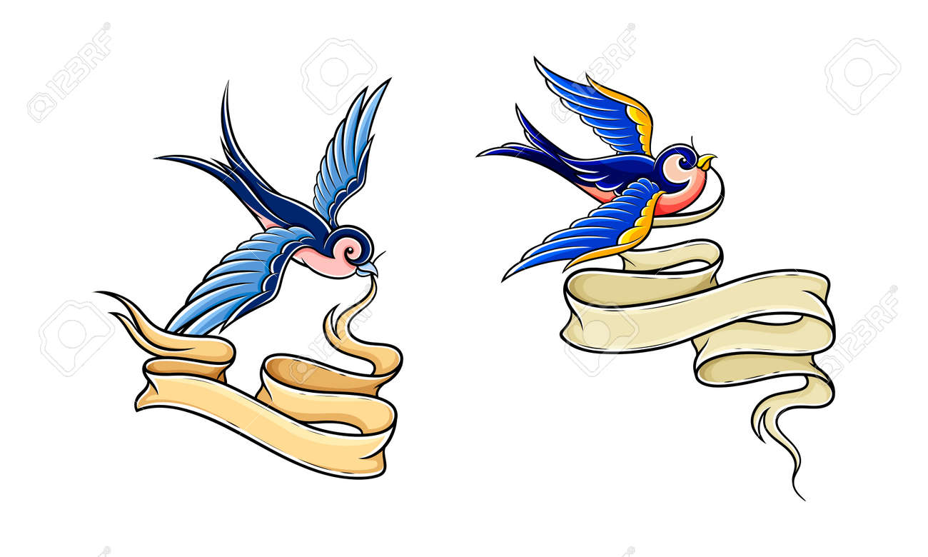 Blue Swallow Holding Ribbon Set. Birds With Blank Banner. Old School Style Tattoo Hand Drawn Vector Illustration I Royalty Free SVG, Cliparts, Vectors, and Stock Illustration. Image 185285310.