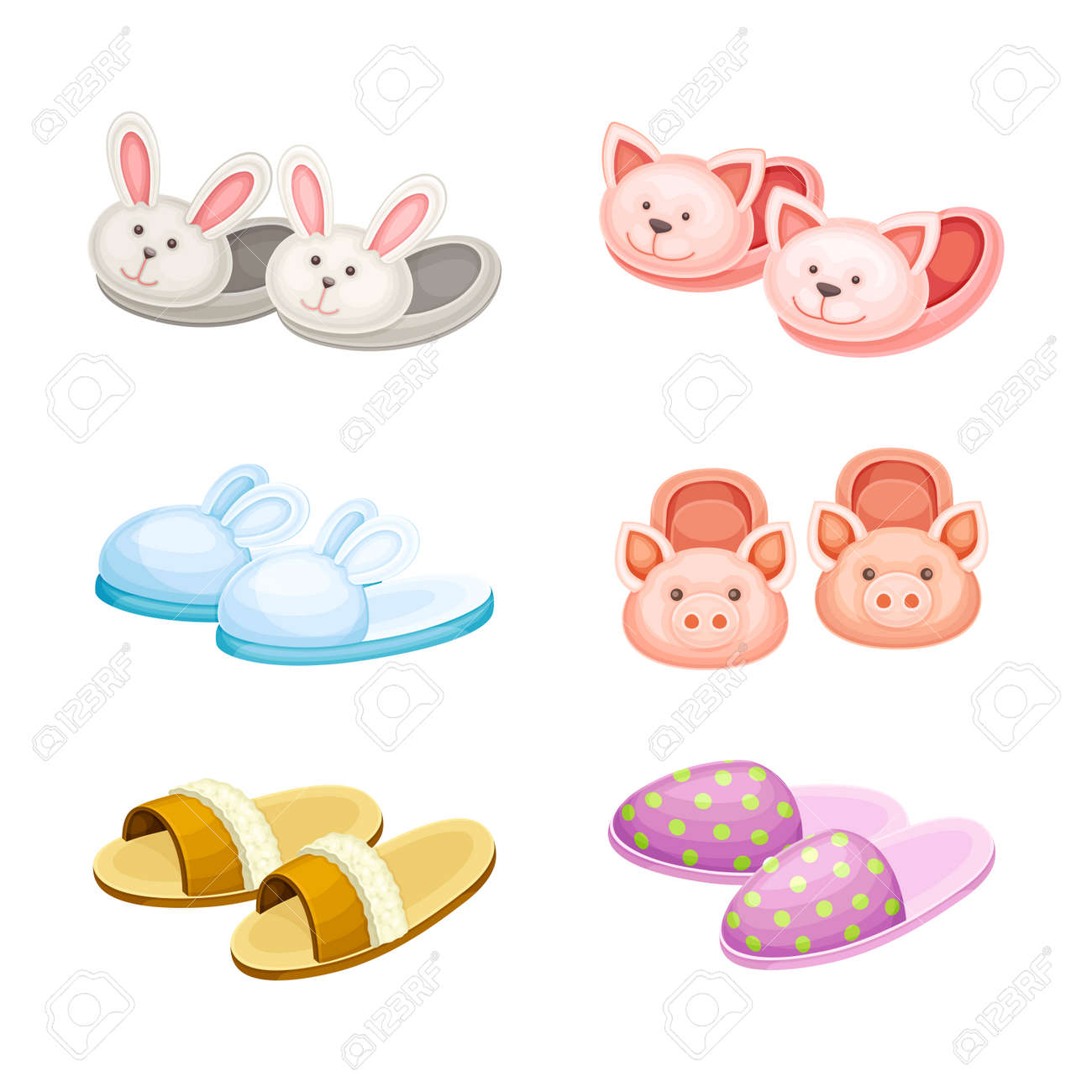 Collection Of Cute Home Footwear. Soft Fluffy Comfortable Shoes. Footwear  With Oig, Rabbit, Cat Animal Head Cartoon Vector Illustration Клипарты,  SVG, векторы, и Набор Иллюстраций Без Оплаты Отчислений. Image 190542475