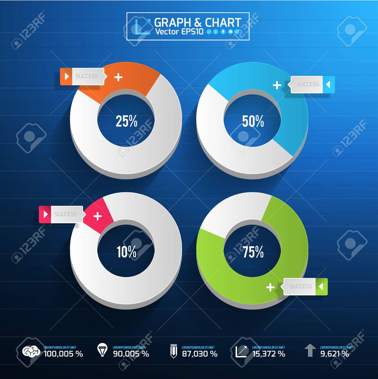 평면 그래프와 긴 그림자가있는 파란색 Blackground에 Infographic 화살표 다이어그램 그래프 차트. 레이아웃 디자인, 웹  사이트 인쇄, 연례 보고서에 사용할 요소가 될 수 있습니다. 로열티 무료 사진, 그림, 이미지 그리고 스톡포토그래피. Image  22785515