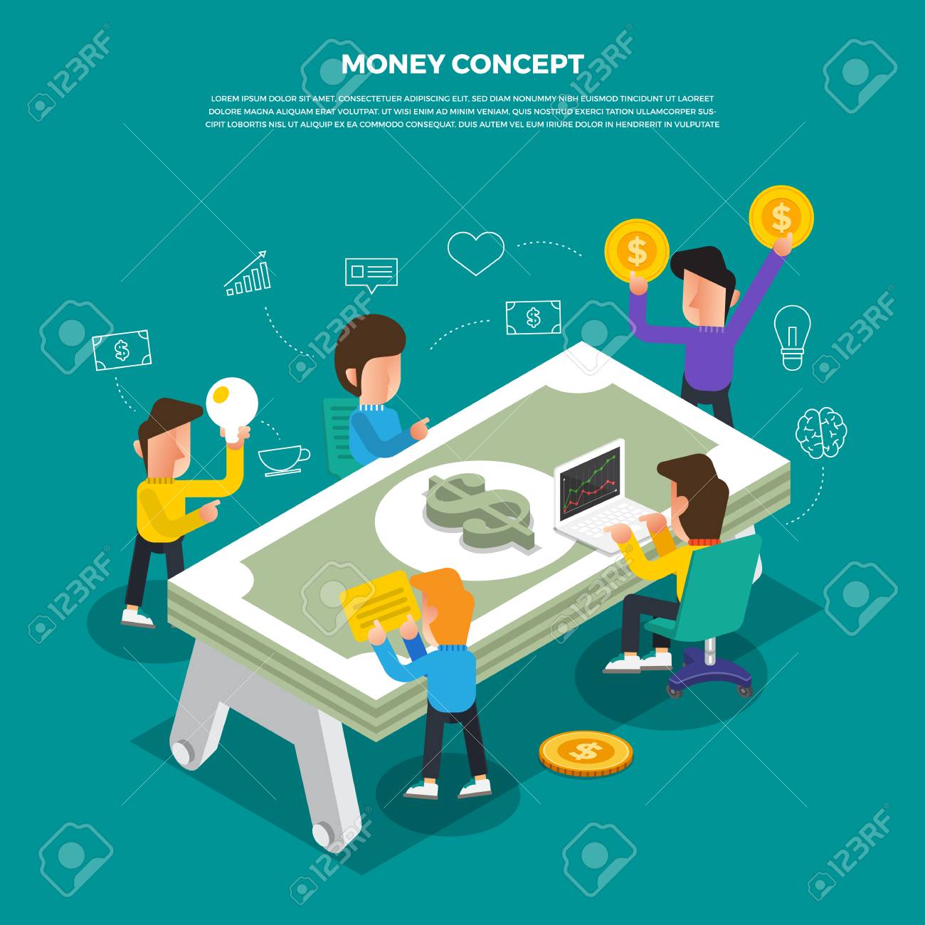 flat design concept brainstorm working on desktop icon â œmoneyâ