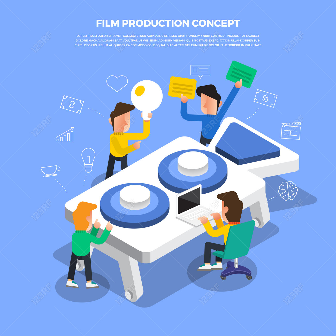 デスクトップ アイコンに取り組むフラット デザイン コンセプト ブレーンストーミングベクトル図 のイラスト素材 ベクタ Image