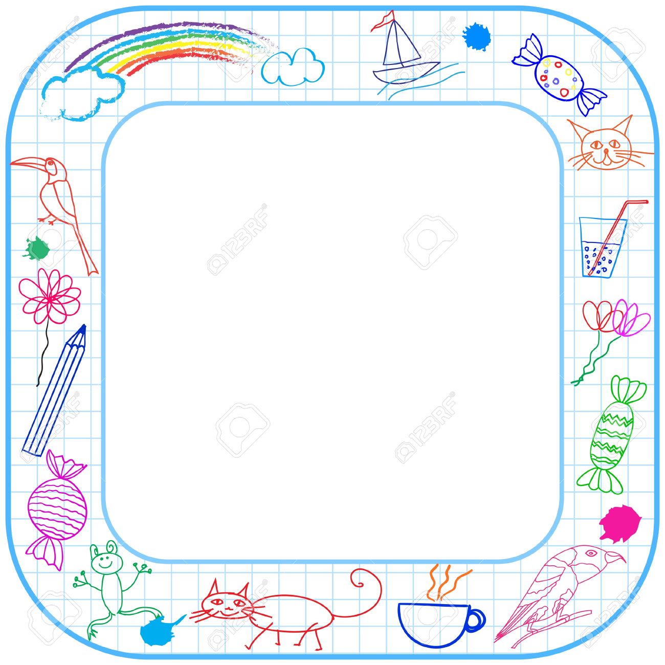 square border frame with round corner and child drawing on paper square drawing paper