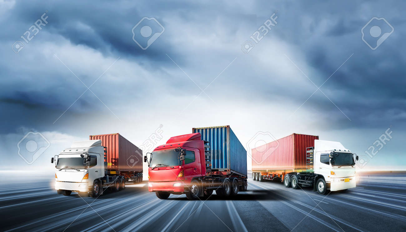 Truck transport with red container on highway road at sunset, motion blur effect, logistics import export background and cargo transport industry concept - 155819093 Truck transport with red container on highway road at sunset, motion blur effect, logistics import export background and cargo transport industry concept - 155819093