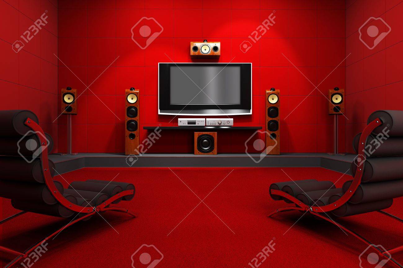 a contemporary home theater room furnished with modern furniture
