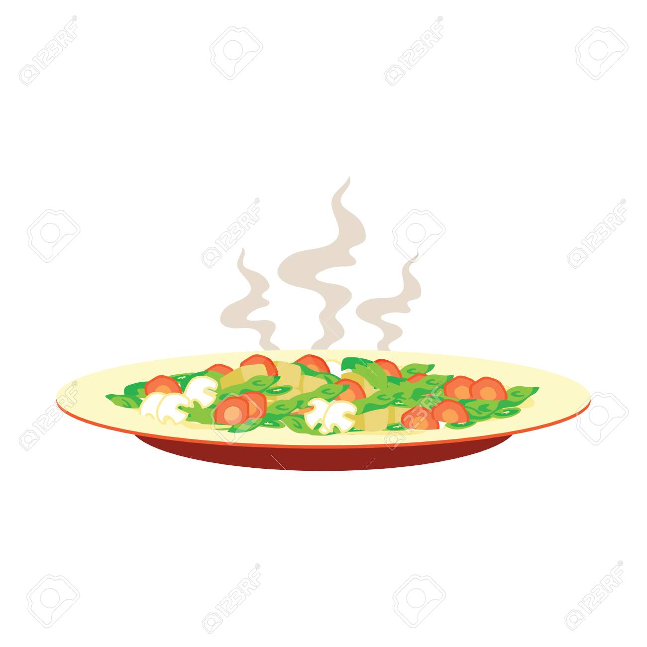 白の背景 ベクトル図に煙を板温野菜 キノコ ニンジン のイラスト素材 ベクタ Image