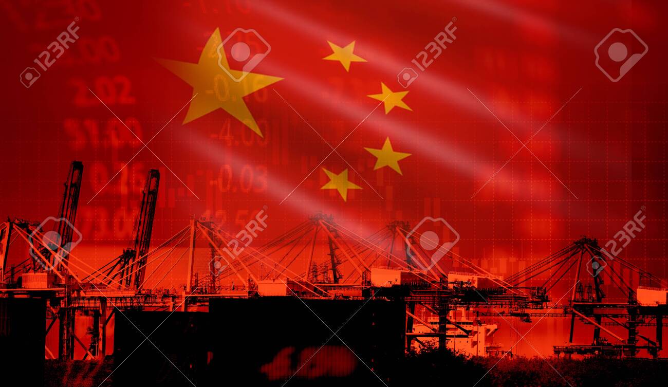 China trade war economy conflict tax business finance / China stock market exchange graph chart money crisis raised taxes on industry container ship in export import logistics - 122758119 China trade war economy conflict tax business finance / China stock market exchange graph chart money crisis raised taxes on industry container ship in export import logistics - 122758119