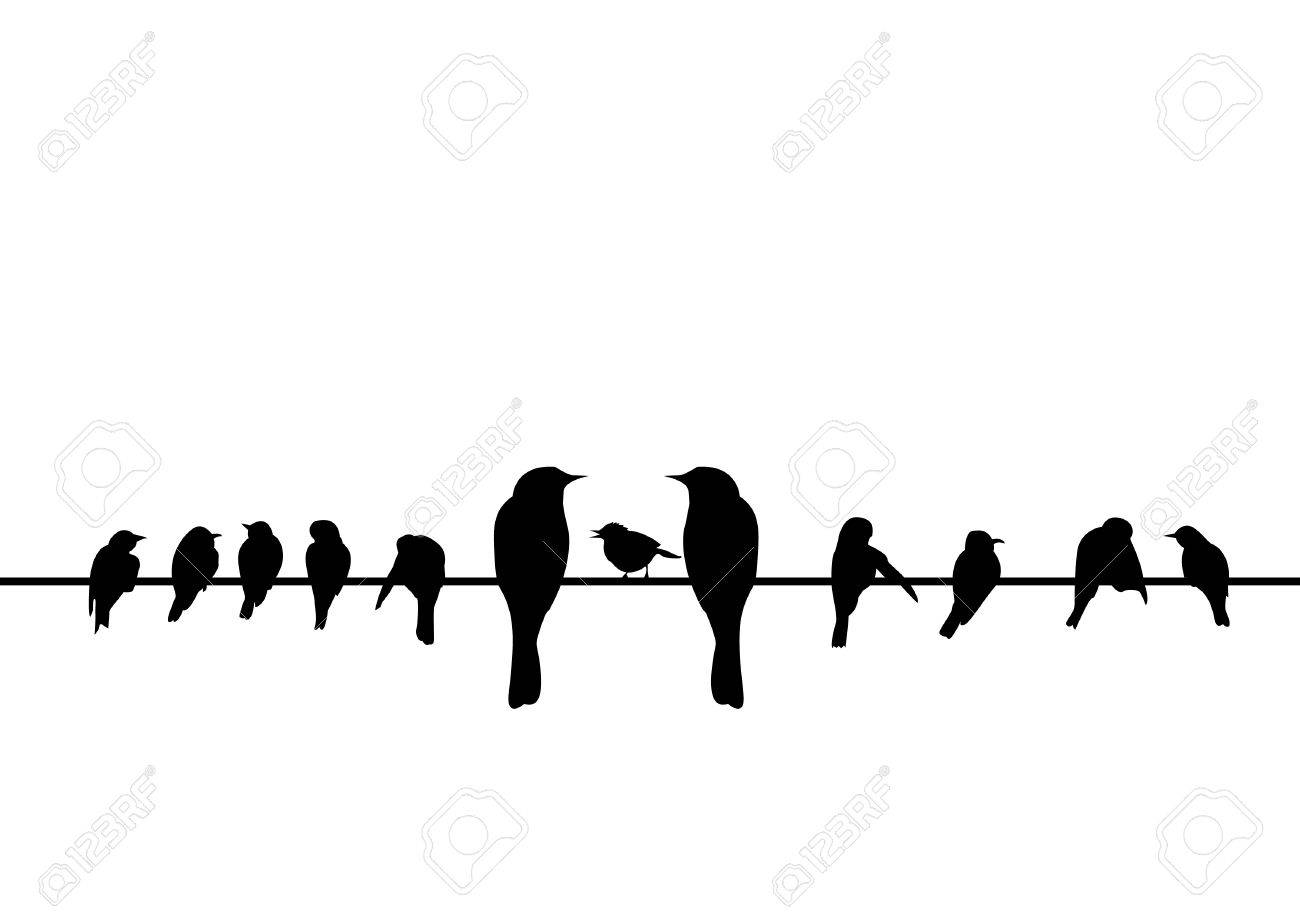 電線に止まっている鳥たちのシルエットのイラスト素材 ベクタ Image 80382284
