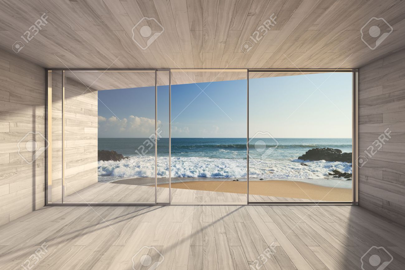 Empty Modern Lounge Area With Large Bay Window And View Of Sea Stock ... Empty Modern Lounge Area With Large Bay Window And View Of Sea Stock ...