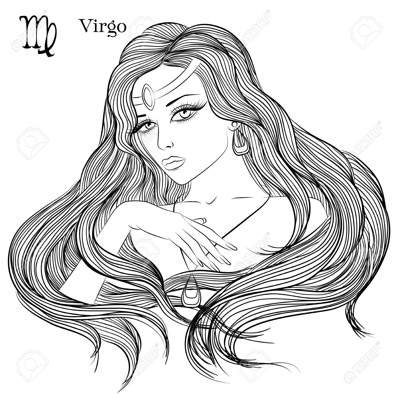 Zodiaco Ilustracion Del Signo Zodiacal De Virgo Como Una Chica Con El Pelo Largo Dibujo Lineal De La Pagina De Libro Para Colorear Ilustraciones Vectoriales Clip Art Vectorizado Libre De Derechos Image