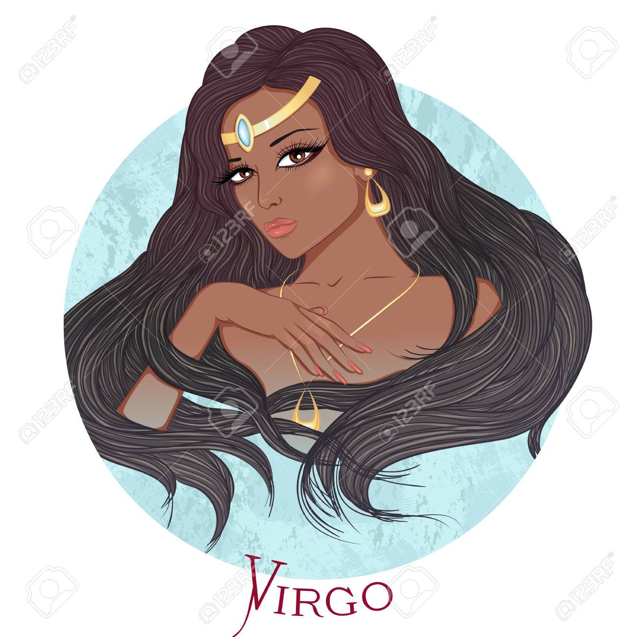 Ilustracion Del Signo Zodiacal De Virgo Como Muchacha Hermosa Del Afroamericano Con El Pelo Largo Forma Redonda Ilustraciones Vectoriales Clip Art Vectorizado Libre De Derechos Image