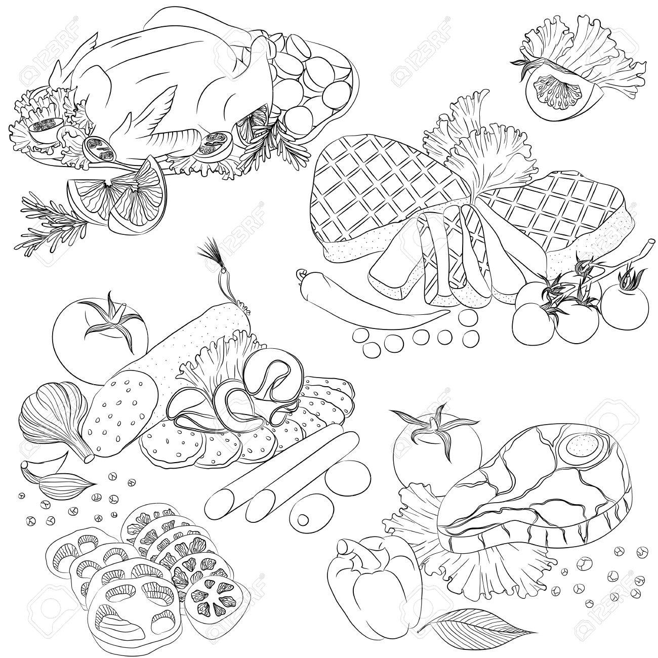食物と一緒にベクトル ライン アート イラスト さまざまな肉製品を設定します メニューや料理の本 塗り絵用のイラスト 白い背景で隔離のスケッチ の イラスト素材 ベクタ Image