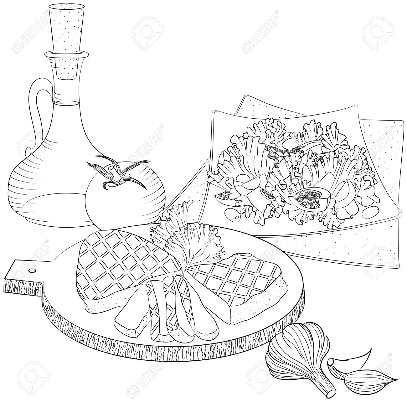 食物と一緒にベクトル ライン アート イラスト 肉 オリーブ オイル サラダのある静物 メニューや料理の本 塗り絵用のイラスト 白い背景で隔離のスケッチ のイラスト素材 ベクタ Image