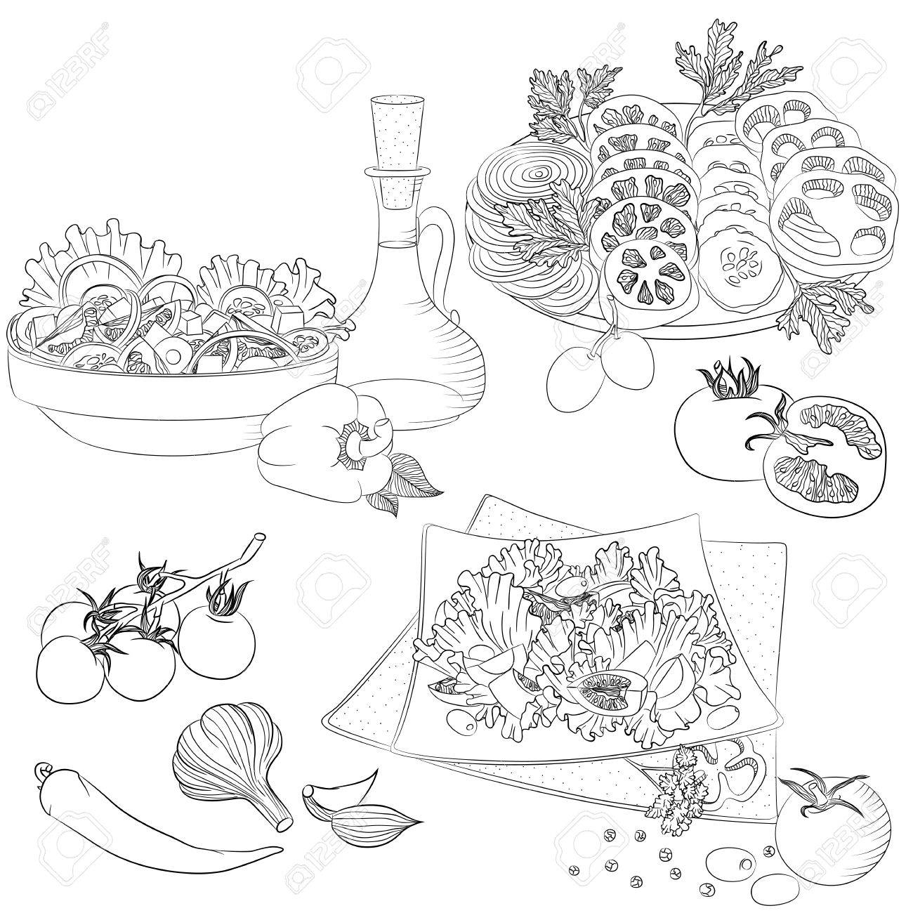 食物と一緒にベクトル ライン アート イラスト 様々 な野菜サラダを設定します メニューや料理の本 塗り絵用のイラスト 白い背景で隔離のスケッチ のイラスト素材 ベクタ Image