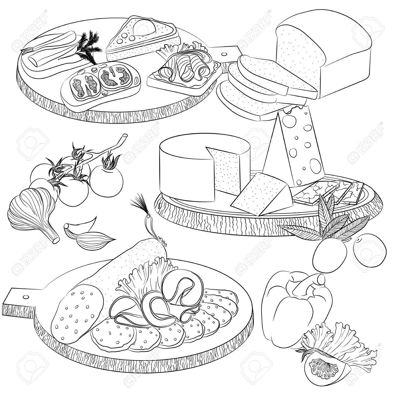 食物と一緒にベクトル ライン アート イラスト 様々 なサンドイッチやチーズ ソーセージのスライスを設定します メニューや料理の本 塗り絵用のイラスト 白い背景で隔離のスケッチ のイラスト素材 ベクタ Image