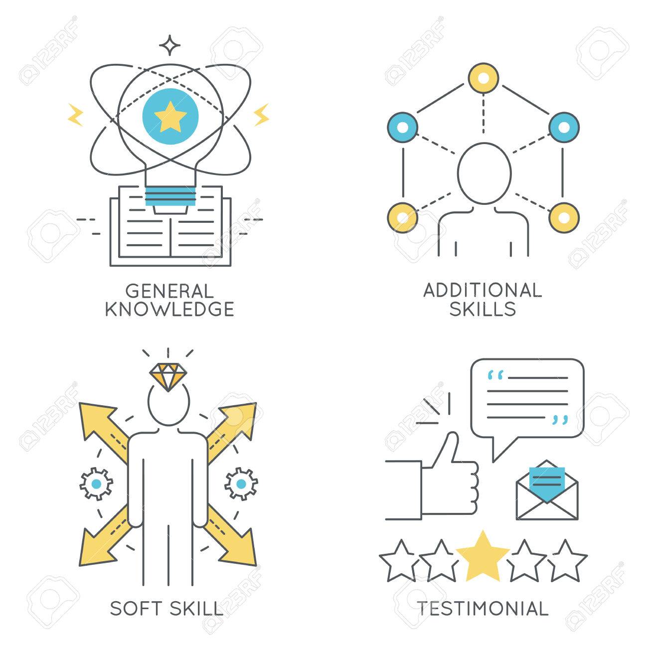 次のテーマ 一般的な知識 追加スキル ソフトスキル 証言の概念的なフラット ラインのイラストのセットをベクトルします のイラスト素材 ベクタ Image