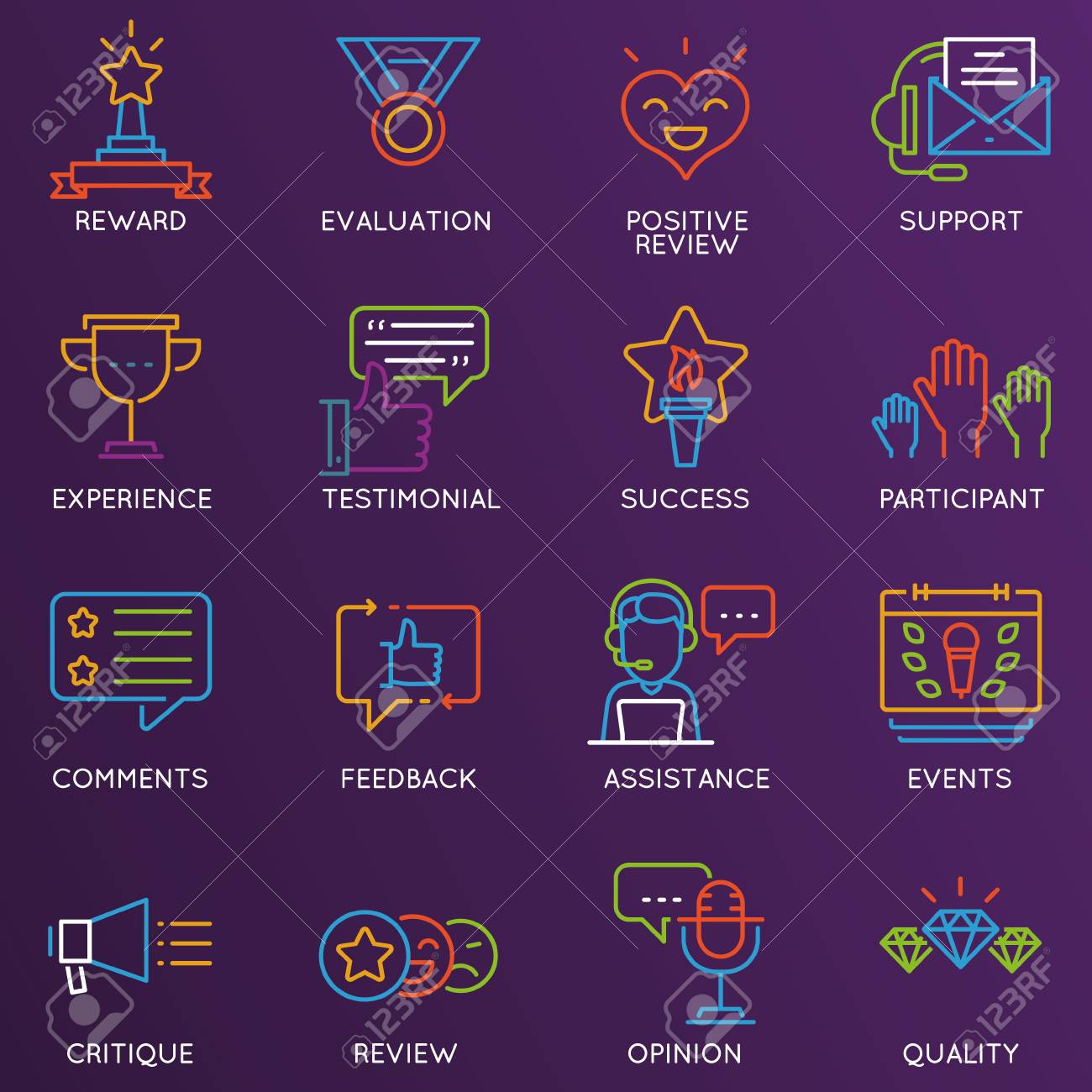 Vector Conjunto De Color Lineal 16 Iconos Relacionados Con La Retroalimentación La Revisión Y La Gestión De La Relación Con El Cliente Mono Línea