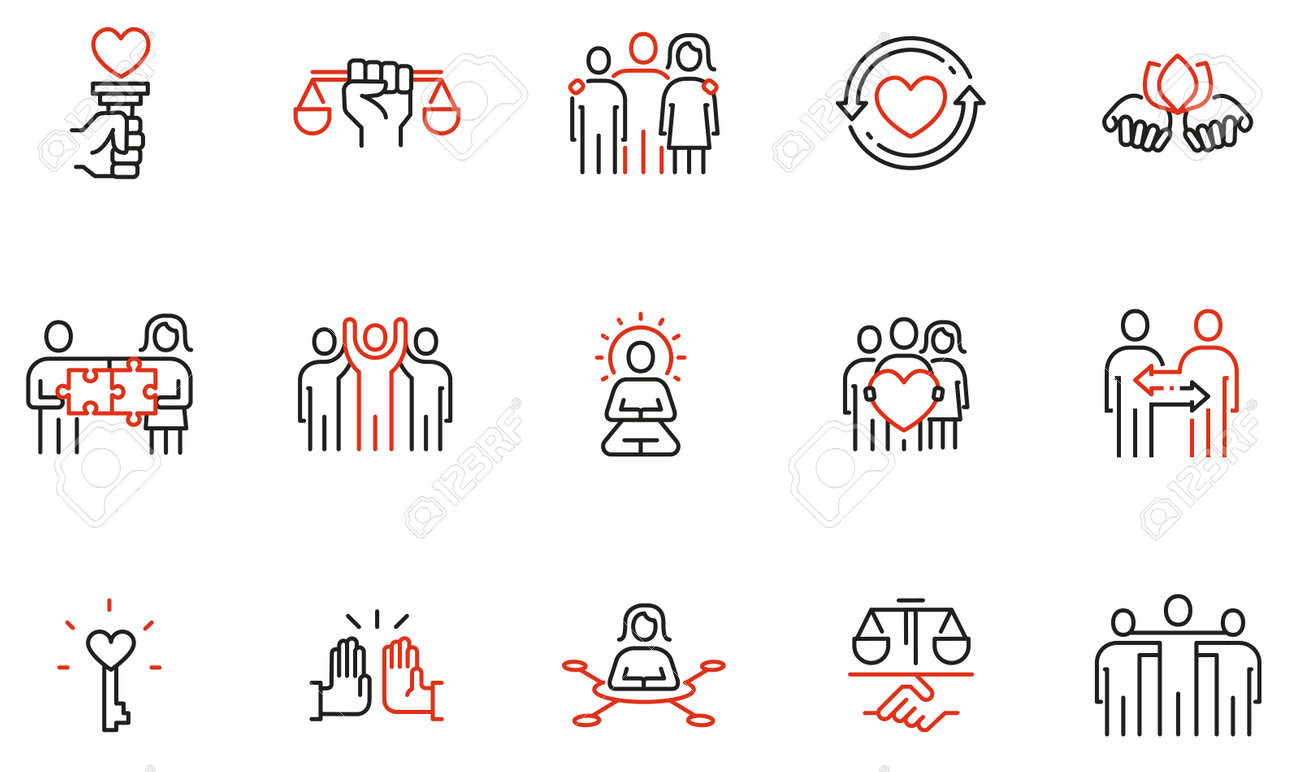 관계, 상호 작용, 공동 개발 및 평등에 대한 조화와 관련된 선형 아이콘의 벡터 세트입니다. 모노 라인 픽토그램 및 인포그래픽 디자인  요소 - 2부 로열티 무료 사진, 그림, 이미지 그리고 스톡포토그래피. Image 166962011