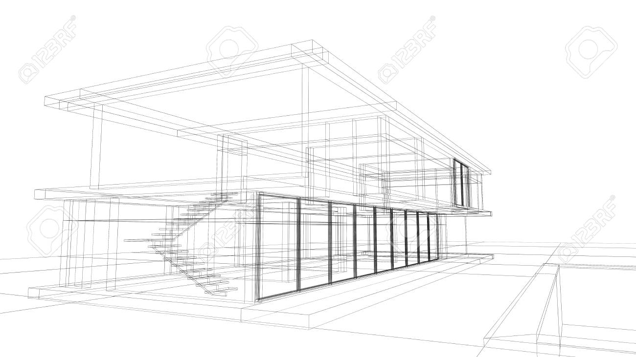 Architectural Blueprint Render Of A Private House In Wireframe Layout Stock  Photo, Picture and Royalty Free Image. Image 26965143., image size:1300x731