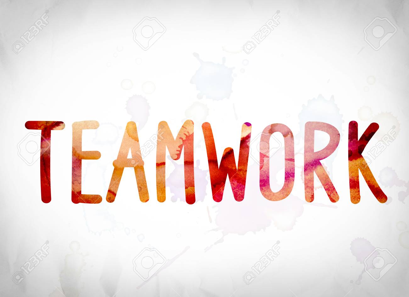 the word teamwork written in watercolor washes over a white