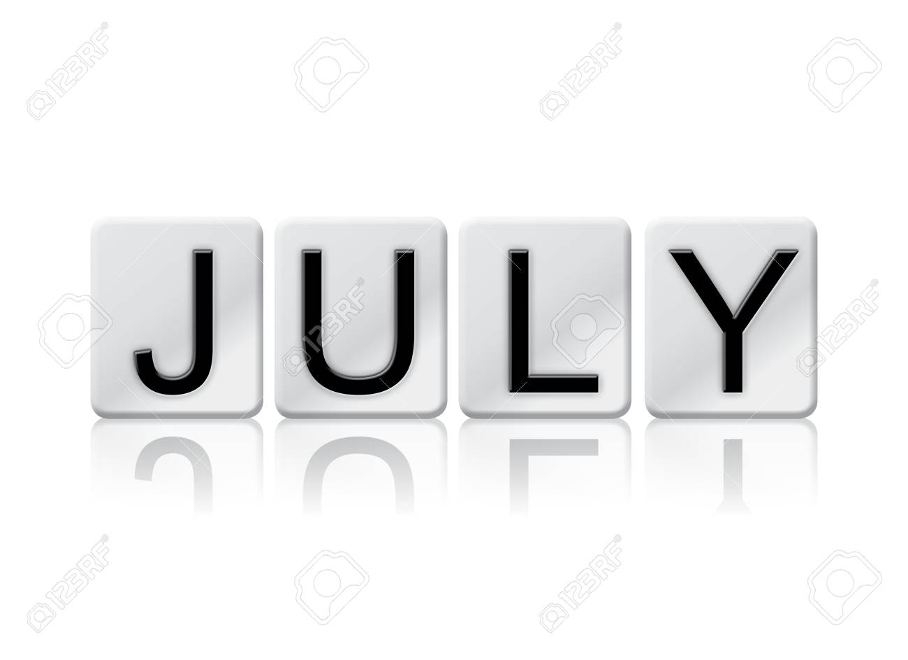 the word july concept and theme written in white tiles and isolated