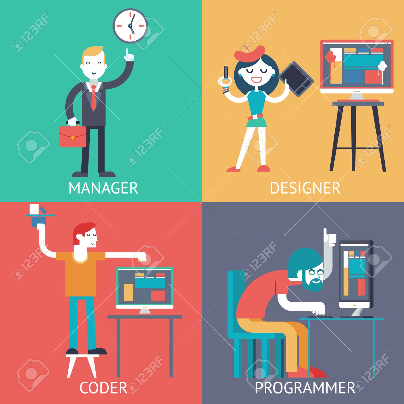 Web 開発チームの実業家 Managerprogrammer プログラマー デザイナー Soncept アイコンを計画をプログラミング設定モダンなトレンディーなフラット ベクトル図のイラスト素材 ベクタ Image