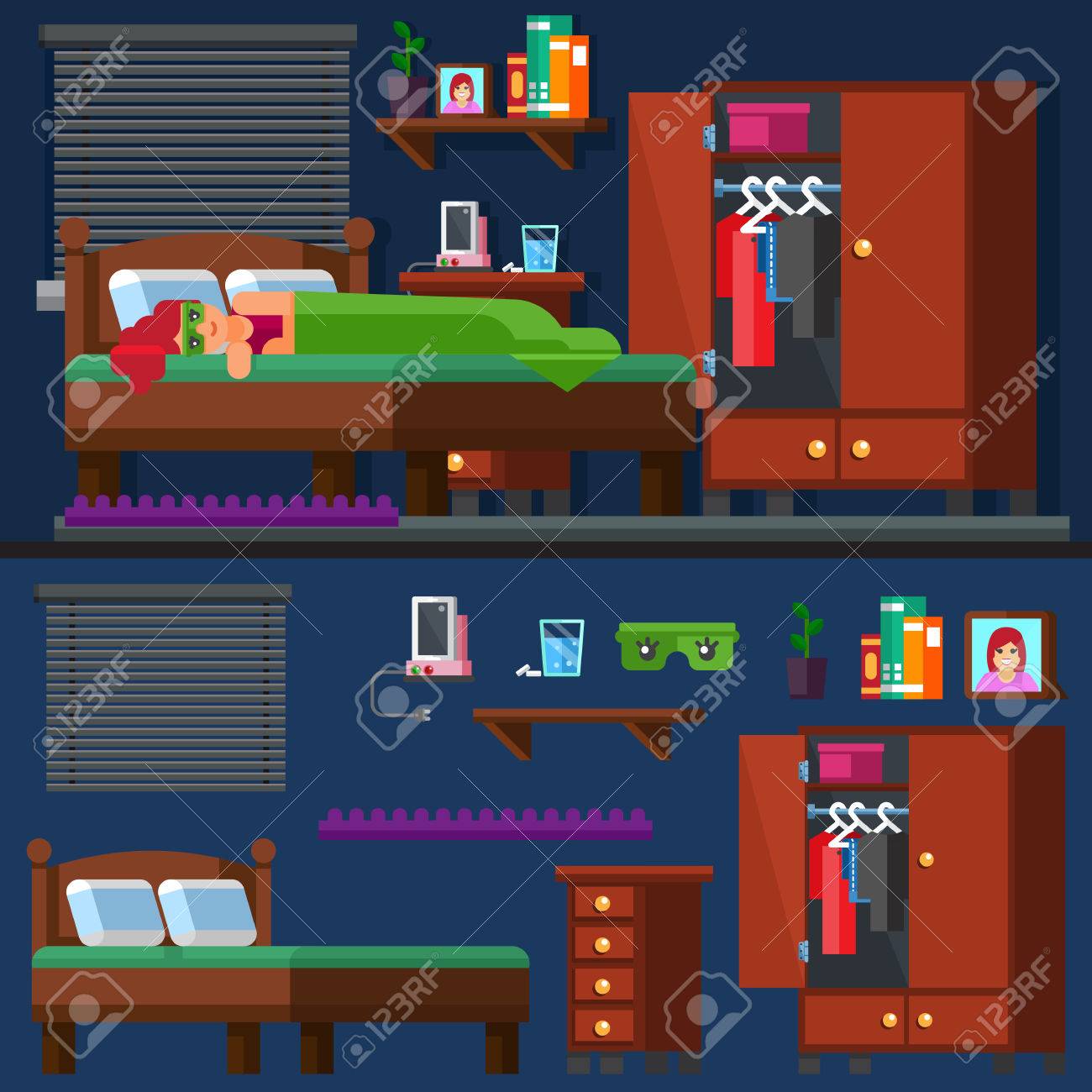 Vector - Vector. Illustration. Teen and adult activity. A girl sleep in the bed Woman room. Bedtime. Vector illustration