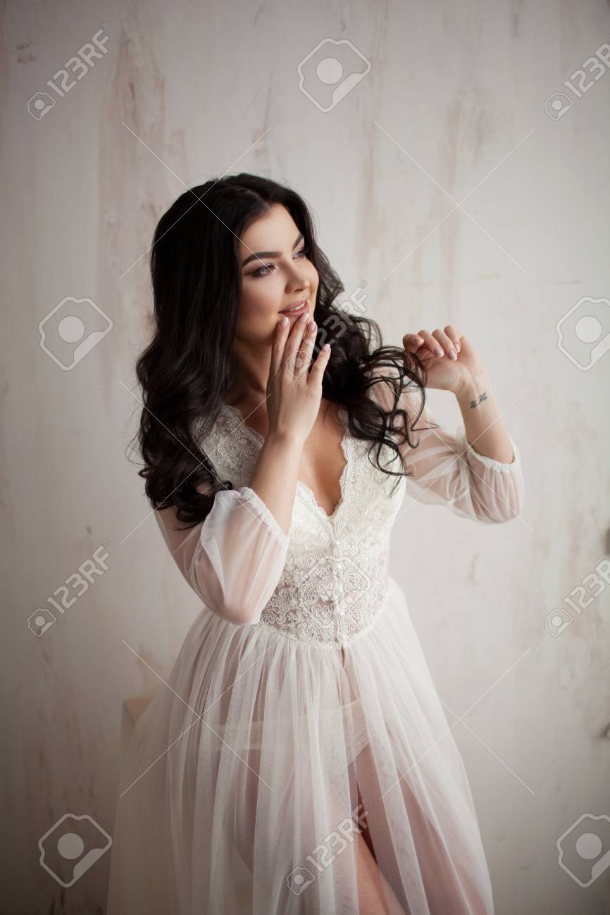 Sexy And Cute Bride In Negligee Make Up And Hairstyle Wedding