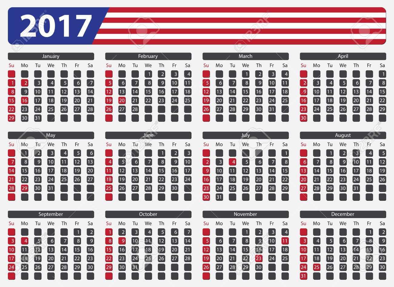 週は日曜日に始まりアメリカのカレンダー 17 公式の休日と非営業日 のイラスト素材 ベクタ Image