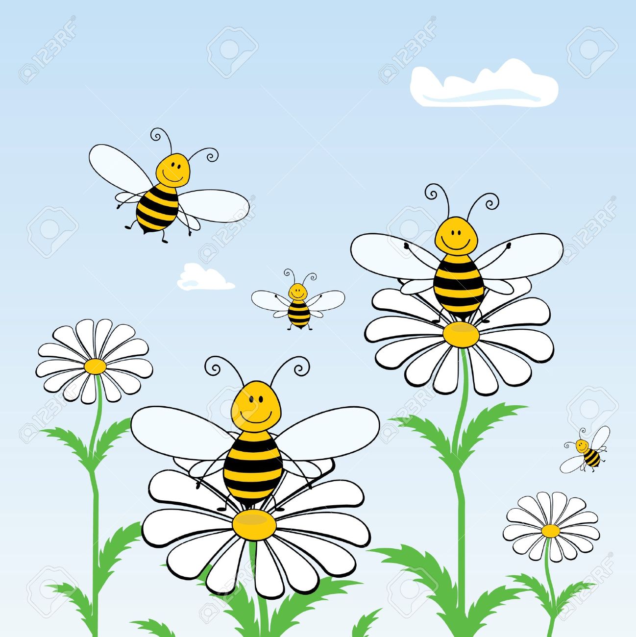 Cartoon Bees On The Flowers Against The Sky, Vector Royalty Free SVG,  Cliparts, Vectors, and Stock Illustration. Image 9476112.
