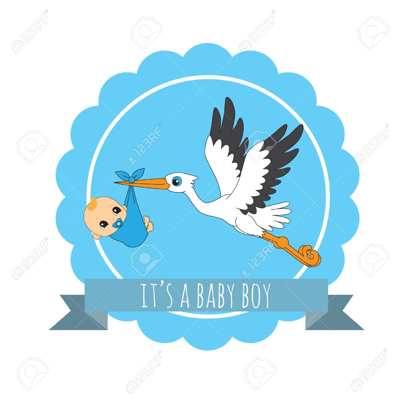 かわいいコウノトリと赤ちゃん男の子お知らせカード ベクトル イラスト のイラスト素材 ベクタ Image