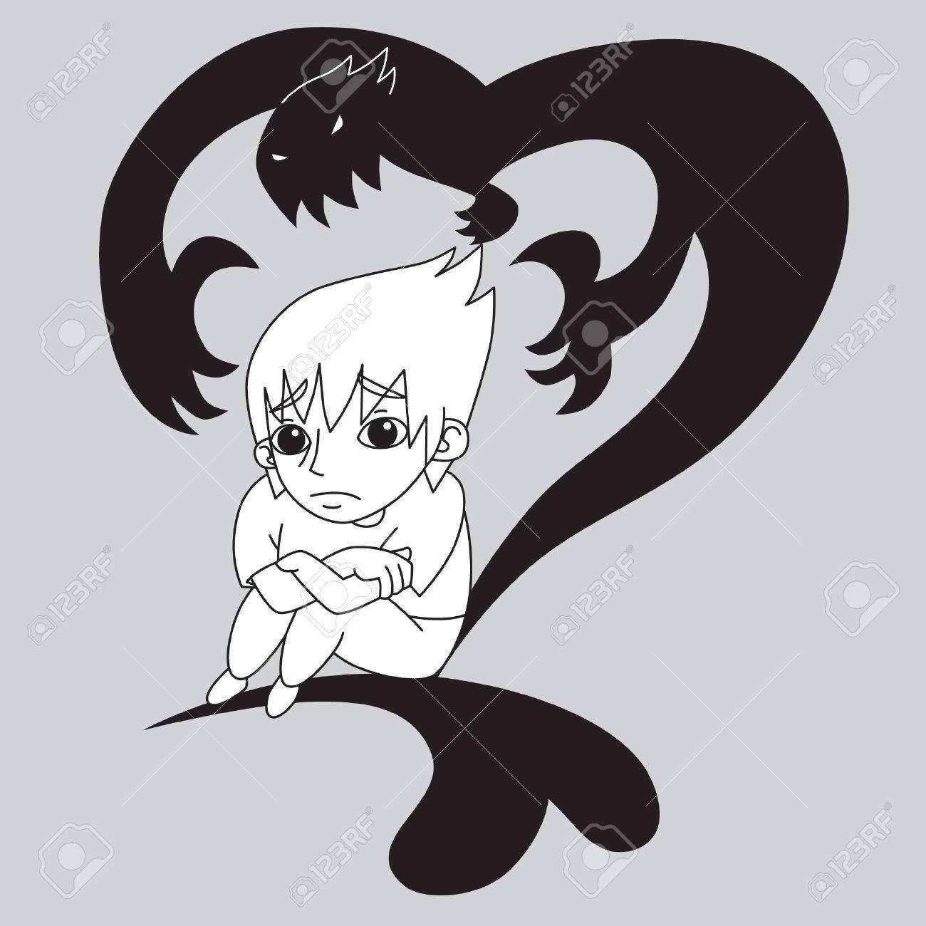 Black And White Sad Emo Boy Haunted By His Feeling With Heart Shape Shadow Vector Stock Black And White Sad Emo Boy Haunted By His Feeling With Heart Shape Shadow Vector Stock