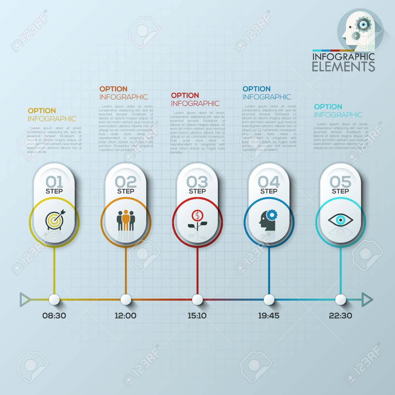 modern infographics process template with 5 paper shapes vector