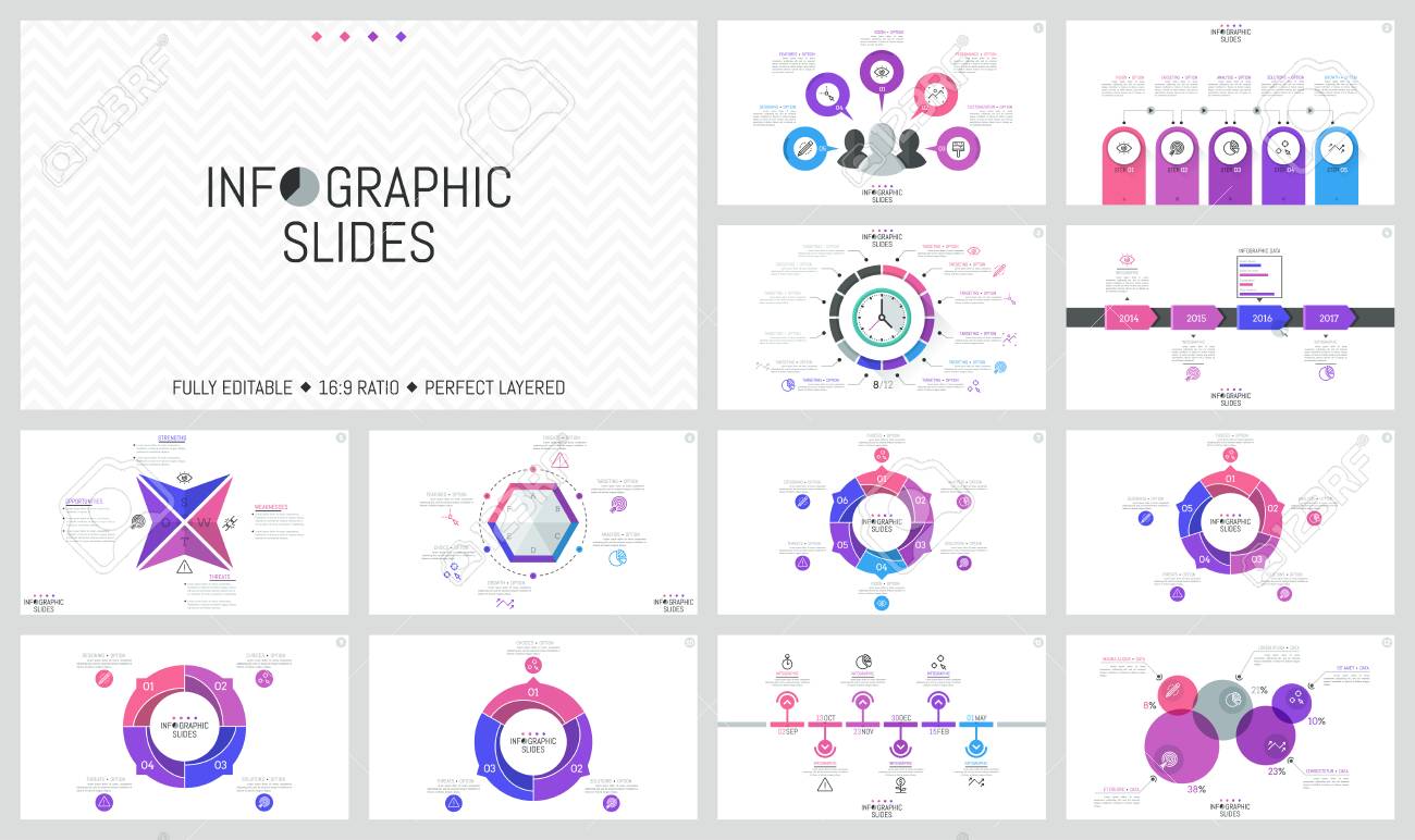 big bundle of simple infographic design templates round charts horizontal timelines